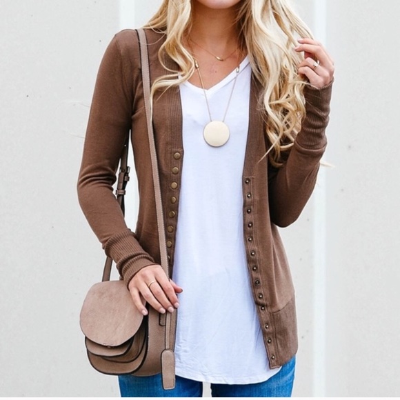 Sweaters - Mocha Brown Snap Button Cardigan Ribbed Sweater